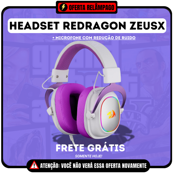 Headset Gamer Redragon Zeus X RGB, Surround 7.1, Driver de 53mm, USB, Microfone com Redução de Ruído, Branco com Roxo - H510WP-RGB